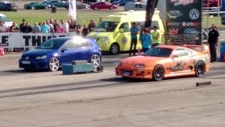 2JZ Toyota Supra Mk4 vs VW Golf R Mk7 1/4 mile drag race