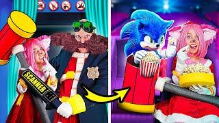 How to Sneak Sonic into The Cinema Past the villain Eggman! Sonic saves Amy Rose in Real Life!