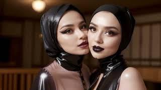 Two hugging women in wetlook fashion with transparent elements, headscarf