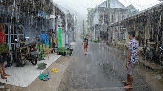 heavy rain and thunderstorm in residential area