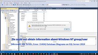 Fix could not obtain information about...Error: 15404 Database Diagrams on SQL Server 2019