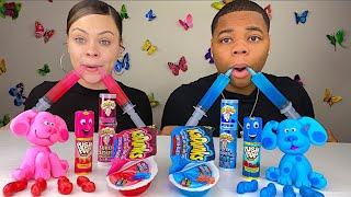 ASMR PINK FOOD VS BLUE FOOD, JELLO SHOOTER, PUSH POP, SOUR CANDY SPRAY MUKBANG