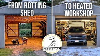 Rotting machine shed renovation — 1 year in 13 minutes