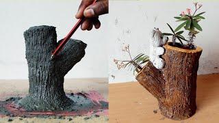 Amazing cement craft ideas | How to make tree stump planters from Plastic bottle