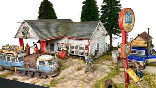 Old America Gas Station on Route 66 scale 1:24 Diorama - Apocalyptic Scene with VW T1 Camper in USA