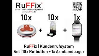 RuFFix ® das Original | Kundenruf System | 10x Funkbutton silber/rot | 1x Funk-Armbandpager