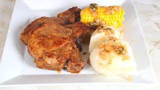 HOW TO MAKE PORK CHOPS, POTATOES/CORN & GARLIC BUTTER SAUCE