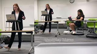 School debate shoeplay by red head - standing with heels