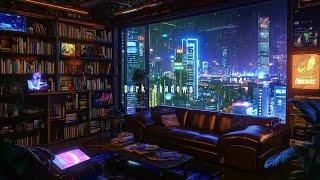 Cyberpunk Bedroom above the City | Rain and Ambient Music | Night Cyberpunk City