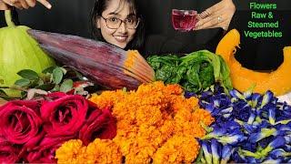 Eating Rose, Marigold, Butterfly pea Flowers & Vegetables | Big Bites | Asmr Eating | Mukbang