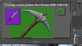 CHROMA HILLS texture pack creating a Stone pickaxe 128x128