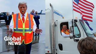 Trump drives MAGA trash truck at rally in response to Biden “garbage” gaffe