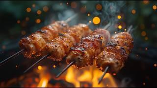 Serbian Chef's Bacon-Wrapped Chicken Skewers  | Bushcraft Cooking ASMR 