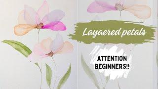 Easy technique Layered flowers watercolor painting | transparent petals tutorial for beginners