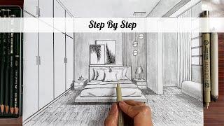 How To Draw A Bedroom In One Point Perspective | Step By Step