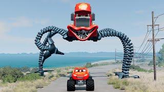 Epic escape from Lightning McQueen Eater, Mater Eater, Mack Giant Bot Eater|BeamNG.Drive