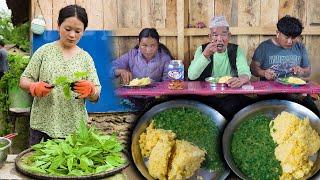 Nettle curry with corn Rice Cooking & eating in Village Kitchen || green vegetable || Village vlog