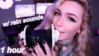 1 hour w/ rain sounds | slow gentle ear licking, ear eating & kisses | ASMR