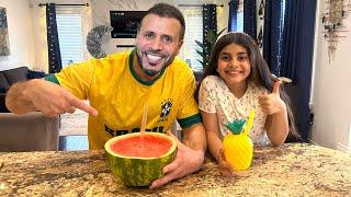 Sally teaches Dad to drink healthy fruit smoothie