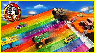 MONSTER TRUCKS VS RACE CARS  MARIO KART RAINBOW ROAD RACE