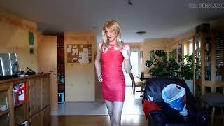 UK Crossdresser in Skintight Red Mini Dress and High Heels