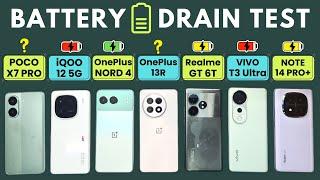 POCO X7 Pro vs OnePlus 13R vs Nord 4 vs GT 6T vs iQOO 12 vs T3 Ultra vs 14 Pro+:  BATTERY Drain Test