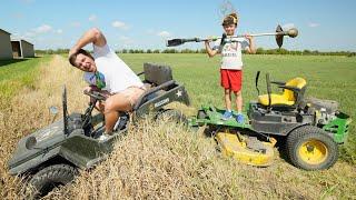 Hudson Saves Kids Truck and Fixes Flat Lawn Mower Tire | Tractors for kids