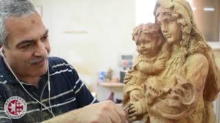 Carving a Statue of Virgin Mary and Baby Jesus from Olive Wood Grown in the Holy Land