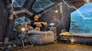 Camping in Rain with My Dog . Cozy Inflatable Tent . Thunder & Lightening ASMR
