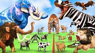 5 Giant Mammoth Elephant Cow Vs 5 Giant Lion Tiger Vs Hybrid Dinosaur Zebra Saved By Woolly Mammoth