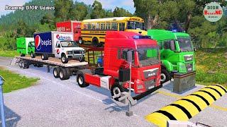 Double Flatbed Trailer Truck vs speed bumps|Busses vs speed bumps|Beamng Drive