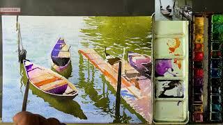 Wooden Boats & Reflections: Watercolour Landscape Tutorial I Watercolour Painting I Raju More.