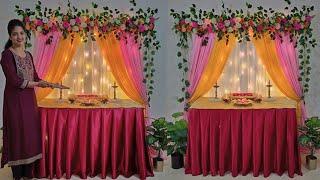 simple & Easy Navratri backdrop decoration ideas for home / Table skirting using saree at home