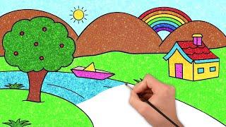 How to Draw Simple Landscape Picture️ | Easy Drawing And Coloring for Kids | HooplaKidz How To