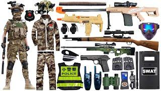 Special police weapon toy set unpacked,Barrett sniper rifle,rocket launcher,UZI submachine gun,Glock