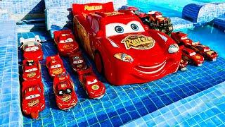 Disney Pixar Cars falling into deep pool, Lightning McQueen, Tow Mater, Mack, Sally, Francesco