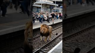 Lion Causes Panic at Railway Station #lion #wildanimals #wildlife #animals #railway #viralshorts