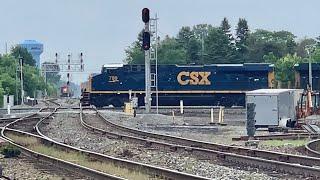 2 Trains Passing Over Fostoria RR Diamonds, Old Locomotives Roar Over Diamonds With Steel Coil Train