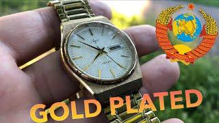 Vintage Men's Gold Plated Wrist Watch LUCH 2350 Quartz Unboxing and Review. Made in USSR.