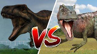 The battle of the dinosaurs.Acrocantosaurus vs. Allosaurus. Jurassic World Evolution.Dinosaur battle