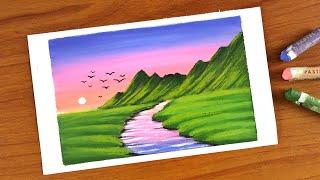 Easy Oil pastel Green Hills Scenery Painting for beginners | Oil Pastel Drawing