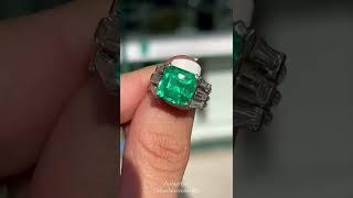 7.38 Ct Radiant asscher cut Top Colombian emerald and baguettes statement Art Deco ring platinum