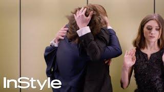 Joe Keery, Natalia Dyer & Charlie Heaton in the Golden Globes Elevator | InStyle