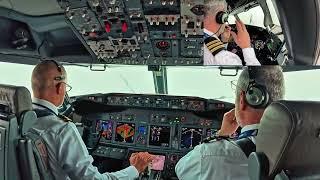 Pilot Cockpit View during Take Off and Landing at Madrid Airport In Thunderstorm Boeing 737