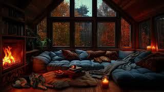 Autumn Rain in Cozy Attic with Crackling Fireplace and Sleeping Pets