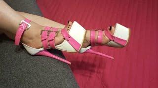 My black long toenails | Shiny long nails  | Very high heeled sandals
