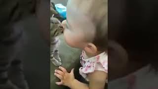 This little girl being so gentle and tender with her kitten... kudos to her parents