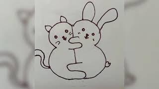 cute cat and bunny hugging drawing tutorial. sparkle and us