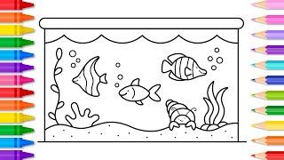 How to Draw a Fish Tank Aquarium Easy Step by Step Fish Tank Drawing and Coloring Page for Kids