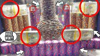 MASSIVE “GINIE BOTTLE” TOWER CRASHES DOWN! HIGH LIMIT COIN PUSHER MEGA MONEY CASINO JACKPOT!